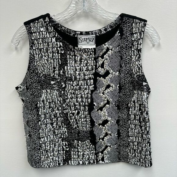 Vintage 90’s Beaded Snakeskin Reptile Black & White Cotton Boxy Tank Top Size M - Picture 3 of 7